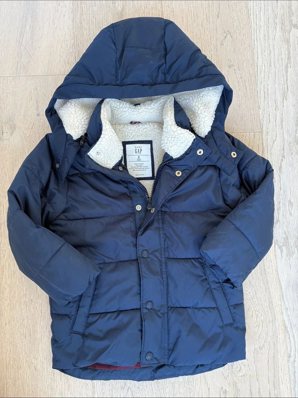 GAP Boy's Navy Puffer Jacket with Sherpa Hood Lining